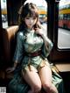 A woman in a green dress sitting on a bus.