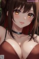 Anime girl with brown hair and big tits posing for the camera.